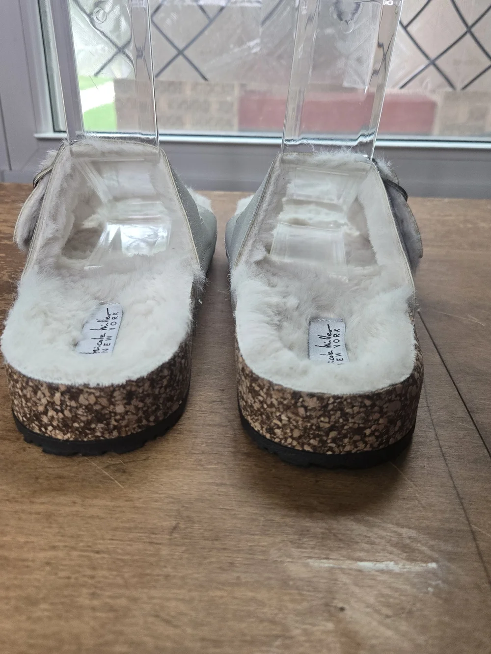 Nicole Miller Womens Gray Two Strap Faux Shearling Cork Slides Sz 8
